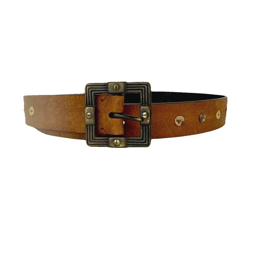 Genuine Leather Brown Belt Small Square Buckle Conch Shell Boho Western‎ Revival